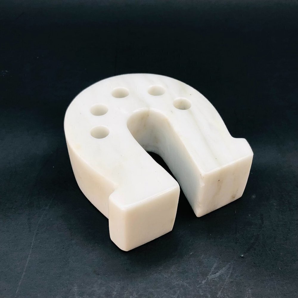 Vintage White Marble Horseshoe Pencil Holder Natural Stone Desktop Organizer